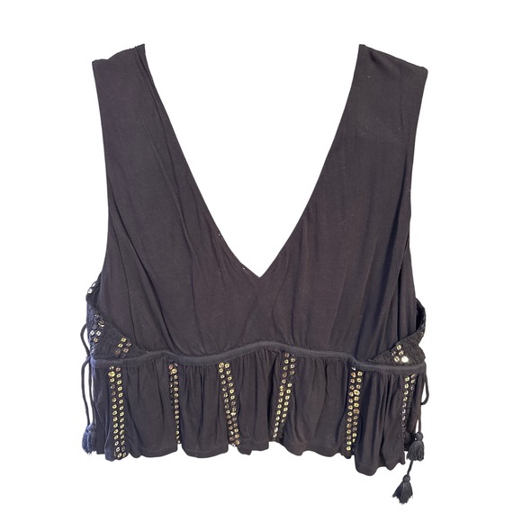 FOREVER THAT GIRL Black Sequin V Neck Peplum Tassel Tie Blouse Top L - Picture 4 of 4